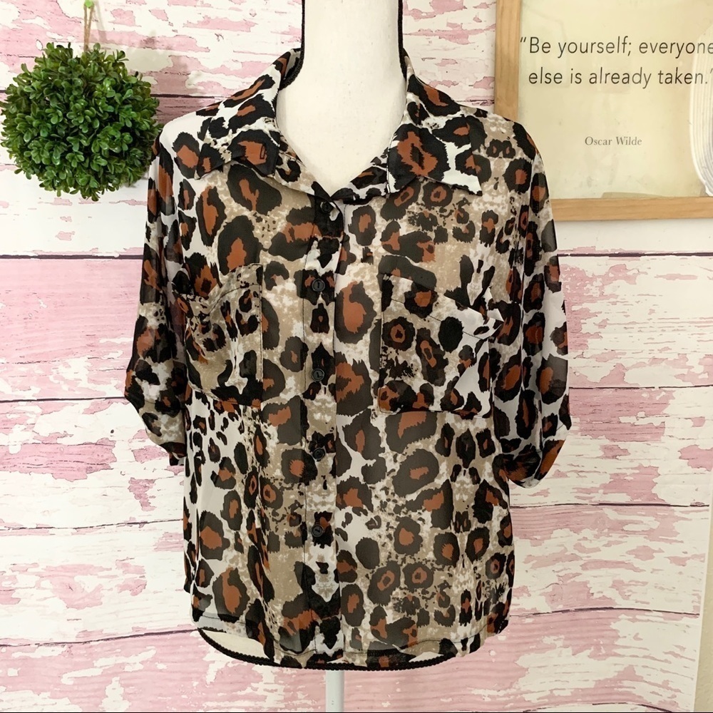 LOVE CULTURE Women’s Animal Print Sheer Collared Blouse size Small